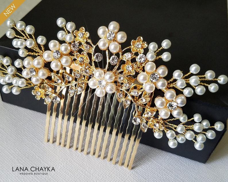Свадьба - Pearl Gold Bridal Hair Comb, Wedding White Pearl Hair Piece, Bridal Pearl Floral Headpiece, Pearl Gold Hair Jewelry, Gold Bridal Hair Piece