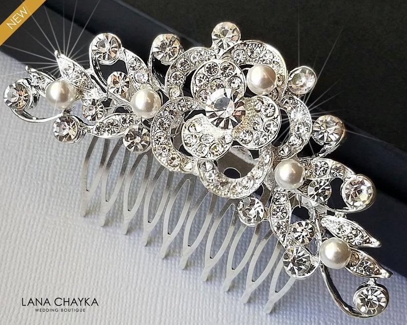 Mariage - Bridal Crystal Hair Comb, Wedding Crystal White Pearl Hair Comb, Bridal Hair Piece, Bridal Hair Jewelry, Crystal Silver Floral Bridal Comb