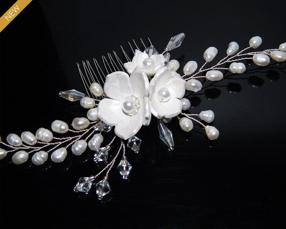 زفاف - Pearl Wedding Hair Comb, Bridal Hair comb, Freshwater Pearl Crystal Comb, Bridal Hair piece, Wedding Headpiece Pearl Floral Hair Bridal Comb