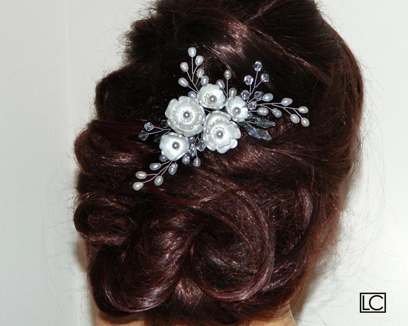 زفاف - Pearl Bridal Hair Comb, Wedding Pearl Crystal Hair Comb, Bridal Hair Piece, Pearl Floral Headpiece Bridal Hair Jewelry White Pearl Hair Comb