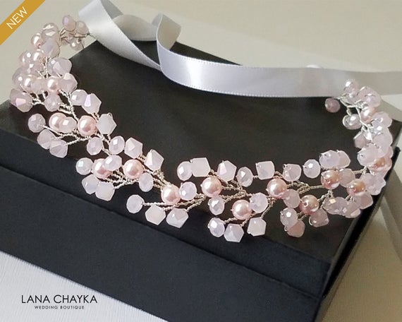 Hochzeit - Blush Pink Crystal Hair Vine, Wedding Light Pink Headpiece, Bridal Pink Crystal Pearl Hairpiece, Pink Bridal Wreath, Pink Hair Jewelry
