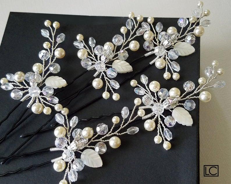 Свадьба - Pearl Crystal Bridal Hair Pins, Set of 5 Pearl Hair Pins, Swarovski Ivory Pearl Hair Pieces, Bridal Floral Hair Jewelry, Crystal Pearl Pins