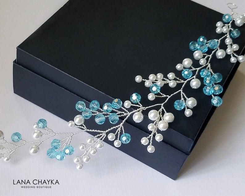 Mariage - Pearl Crystal Bridal Hair Vine, White Pearl Blue Turquoise Headpiece, Wedding Hair Piece, Bridal Hair Jewelry, Pearl Crystal Floral Wreath