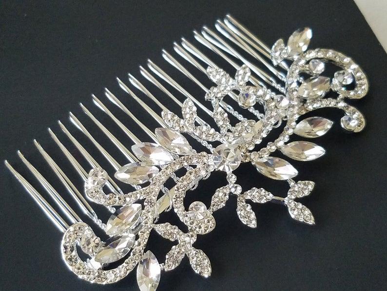 Mariage - Bridal Hair Comb, Crystal Hair Piece, Wedding Headpiece, Crystal Silver Comb, Bridal Rhinestone Hair Piece, Sparkly Hair Jewelry Floral Comb