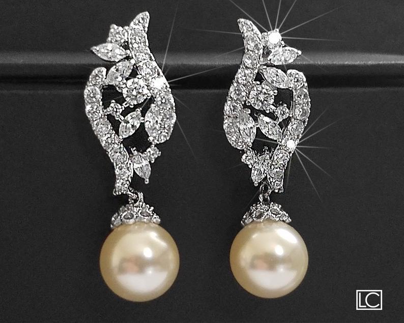 Mariage - Pearl Bridal Earrings, Swarovski Ivory Pearl Earrings, Wedding Pearl Cubic Zirconia Earrings, Bridal Silver Jewelry, Pearl Sparkly Earrings