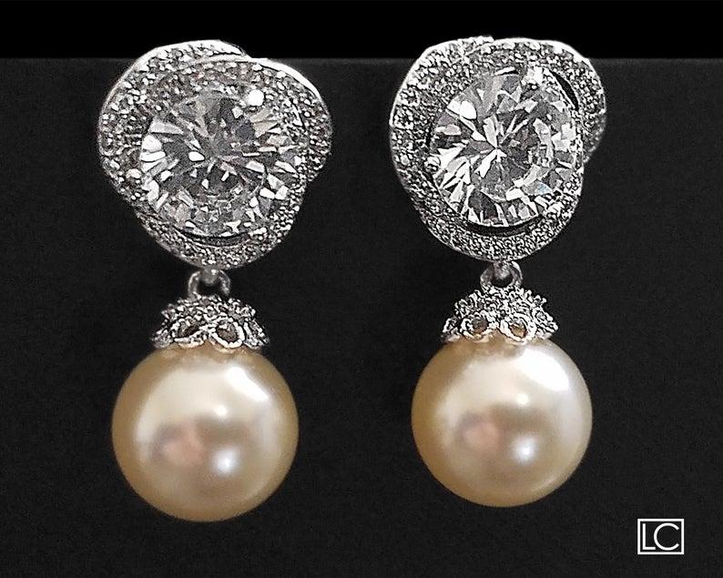 Hochzeit - Wedding Pearl Earrings, Ivory Pearl Bridal Earrings, Swarovski 10mm Pearl Cubic Zirconia Earrings, Bridesmaid Jewelry, Pearl Drop Earrings