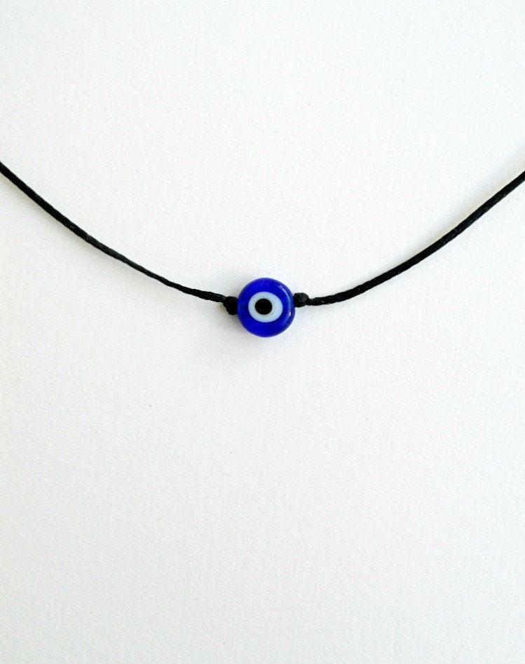 Wedding - Evil eye necklace, Waxed string Choker necklace Dainty necklace Short necklace Adjustable 8mm Flat glass bead Greek mati Minimal jewelry