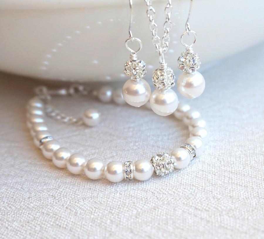 Mariage - Pearl Bracelet Wedding Jewelry Set of Bracelet Necklace Earrings For Woman Bridesmaids Gift Jewelry Wedding Party Choose Color Rhinestone S3
