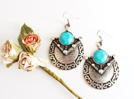 Hochzeit - Silver Turquoise Earrings Statement Earrings Tribal Ethnic Fashion Earrings Bohemian Earrings Dangle Earrings Gift For Women Girlfriend Gift