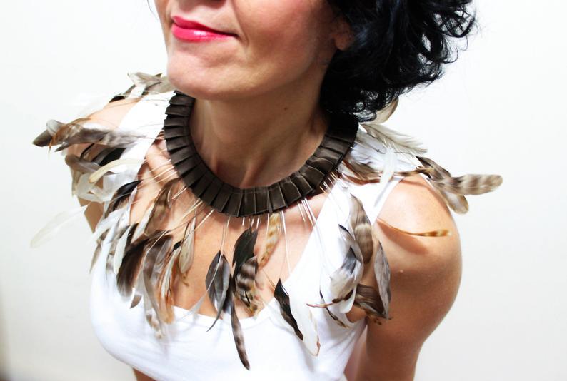 Mariage - Real Feather Bib Necklace Feather Collar Avant Garde Feather Necklace Halloween Statement Necklace Slave Collar Feather Jewelry Gift For Her