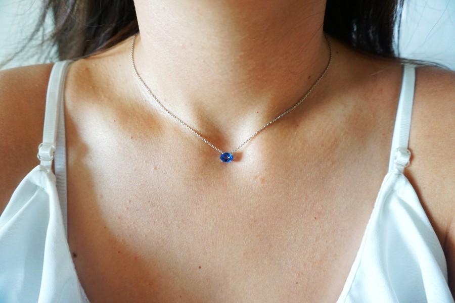 زفاف - Natural Oval Shape Blue Sapphire Pendant 14k White Gold With 14k White Gold Chain, Dainty Minimalist Necklace