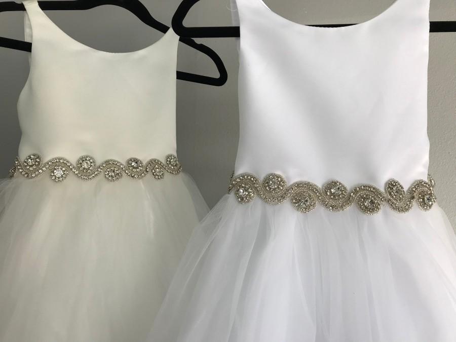 Свадьба - Tulle Satin Flower Girl Dress with Crystal Pearl Bridal Belt Sash  Big Bow Baby Dress Baby Satin Dress Baby Baptism Dress