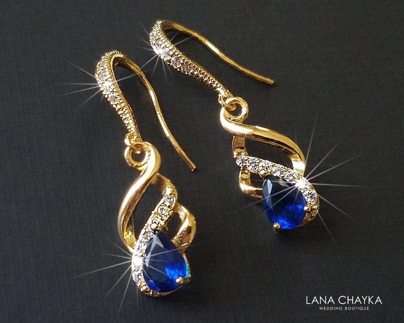 Hochzeit - Navy Blue Gold Earrings, Sapphire Gold Dangle Earrings, Blue Gold Bridal Earrings, Bridal Sapphire Gold Jewelry, Blue Dainty Floral Earrings