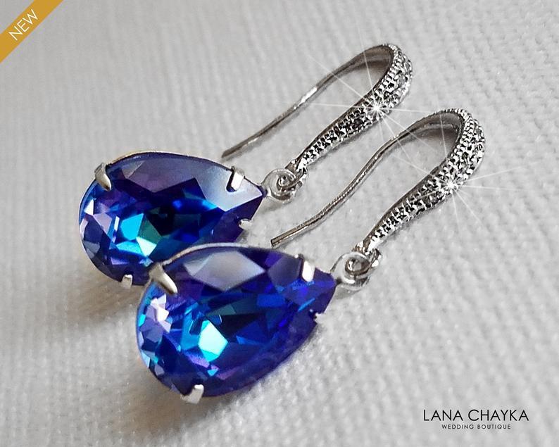 Hochzeit - Blue Crystal Earrings, Swarovski Royal Blue DeLite Earrings, Blue Silver Teardrop Earrings, Bridal Bridesmaids Jewelry, Wedding Blue Jewelry