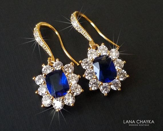 Hochzeit - Blue Gold Halo Earrings, Navy Blue Dainty Earrings, Sapphire Earrings, Bridal Blue Jewelry, Wedding Halo Earrings, Sapphire Gold Jewelry