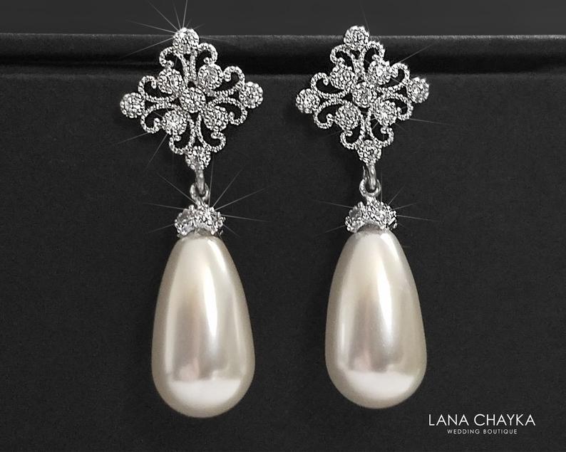 Hochzeit - Bridal Pearl Teardrop Earrings, Swarovski White Pearl Wedding Earrings, Pearl CZ Silver Earrings, Bridesmaids Jewelry, Pearl Dangle Earrings