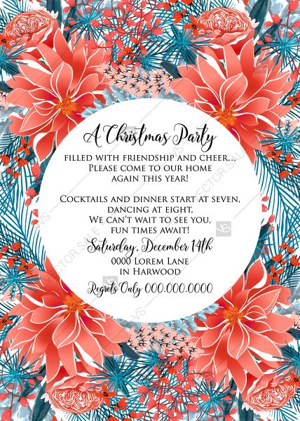Wedding - Red poinsettia Merry Christmas Party Invitation needles fir floral greeting card noel PDF 5x7 in PDF editor