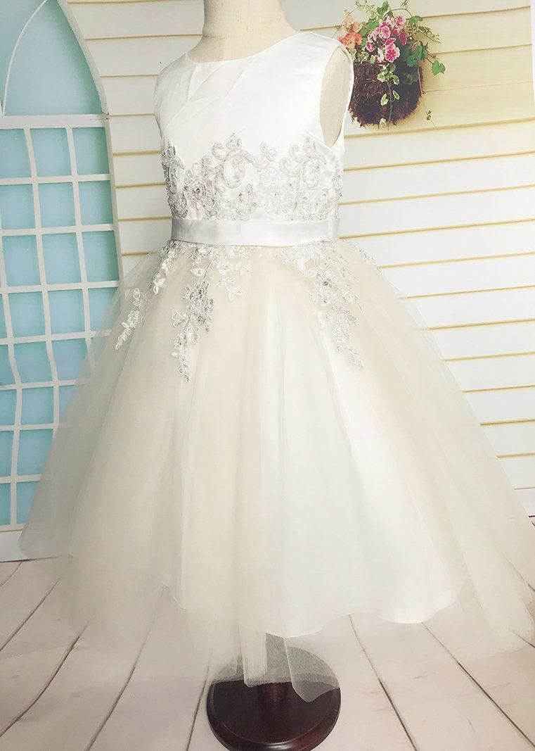 Wedding - Champagne Line Flower Girl Dress, Tulle Beaded Flower Girl Dress Tea Length