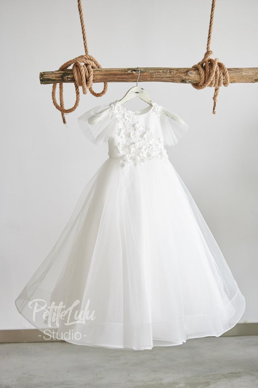 Wedding - Floor Length Lace Tulle Wedding Flower Girl Dress with Tulle Sleeves (D015)
