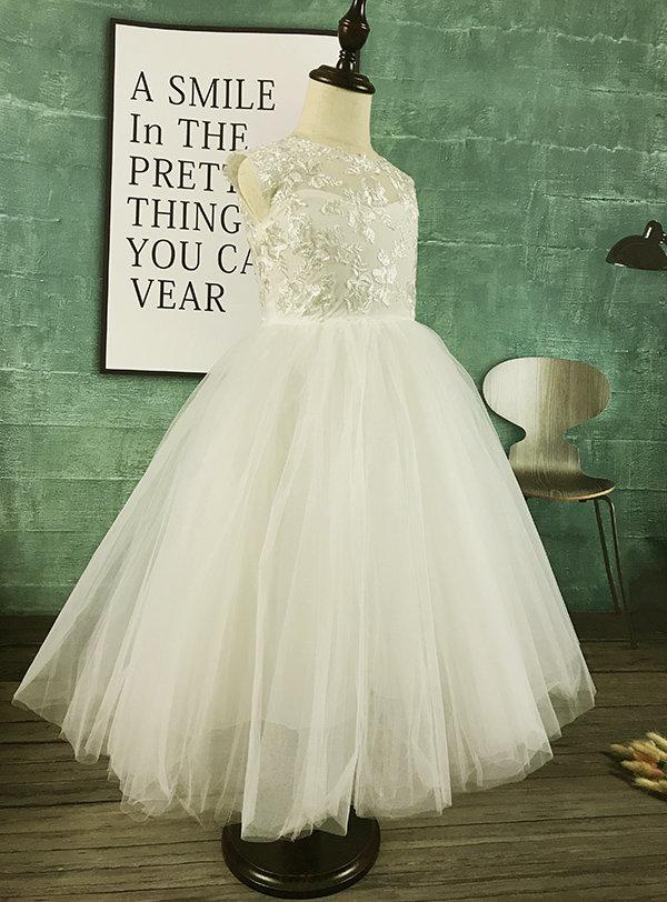 Wedding - Lace Flower Girl Dress, Tulle Flower Girl Dress Tea Length