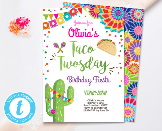 Свадьба - Taco Twosday Invitation Girl Cactus Samba Twosday Birthday Fiesta 2nd Instant Download Printable Invitation Template Editable Templett 0045