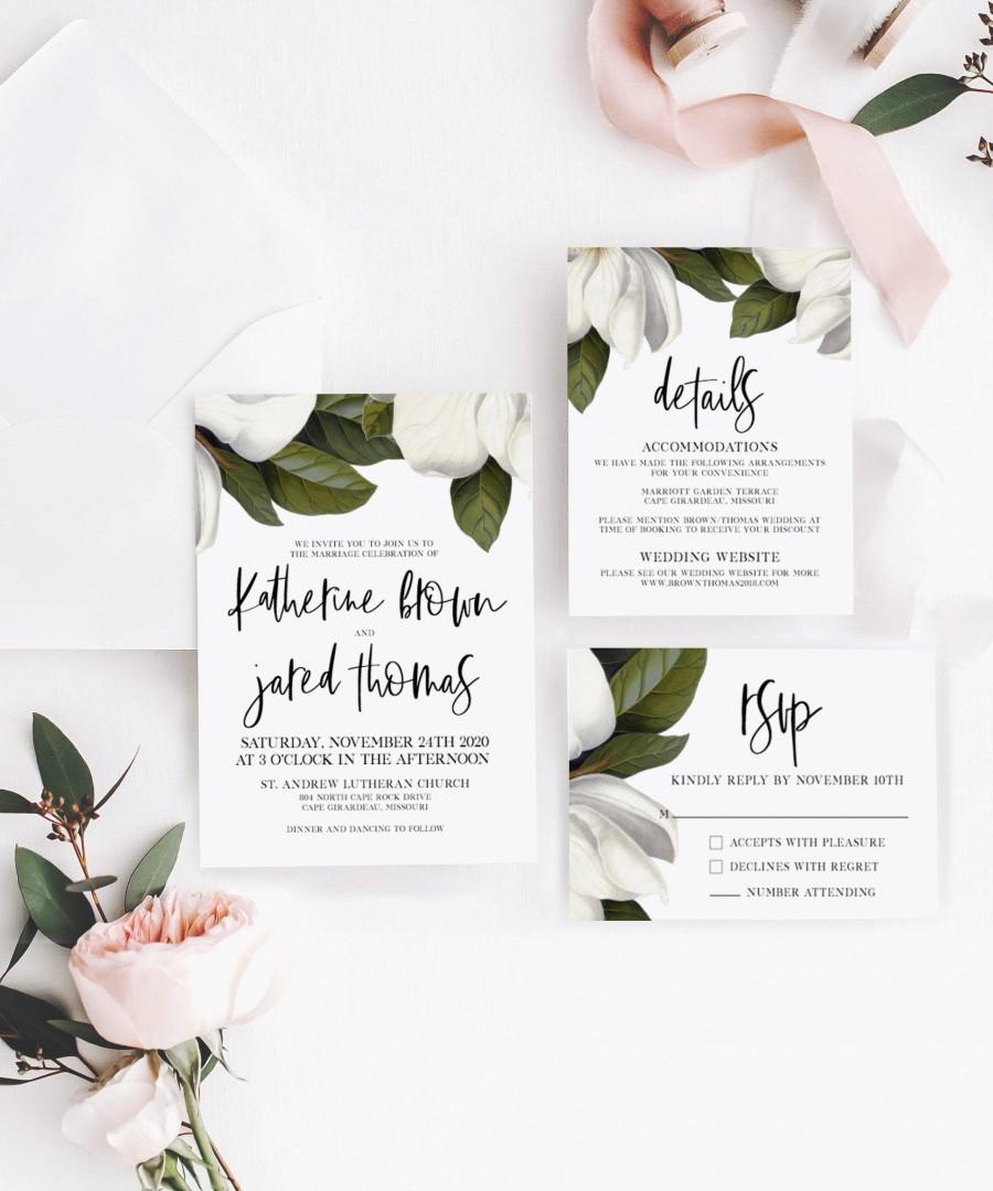 Wedding - White Magnolia Wedding Invitation Suite, Botanical Florals, Antique, Vintage - Printable Invitation