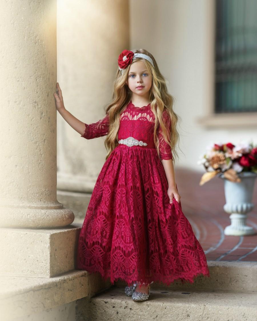 Mariage - Lace Flower girl dress, Burgundy Lace flower girl dress, Bohemian  Flower girl dresses, rustic flower girl. country flower girl, baby dress