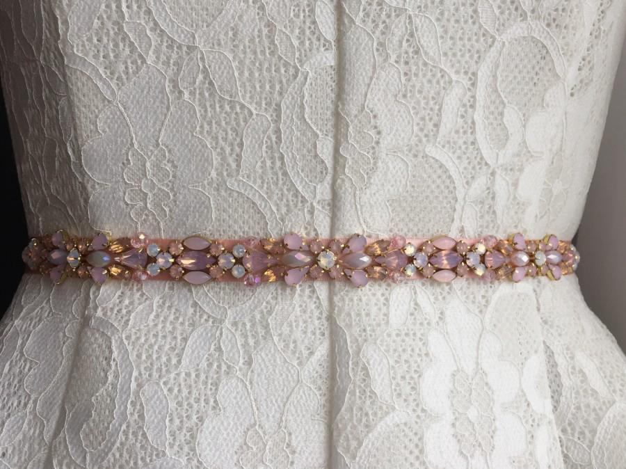 Hochzeit - Blush, Rose Pink, and Opal Crystal Handcrafted Embellished Satin Ribbon Bridesmaids Sash Bridal Belt