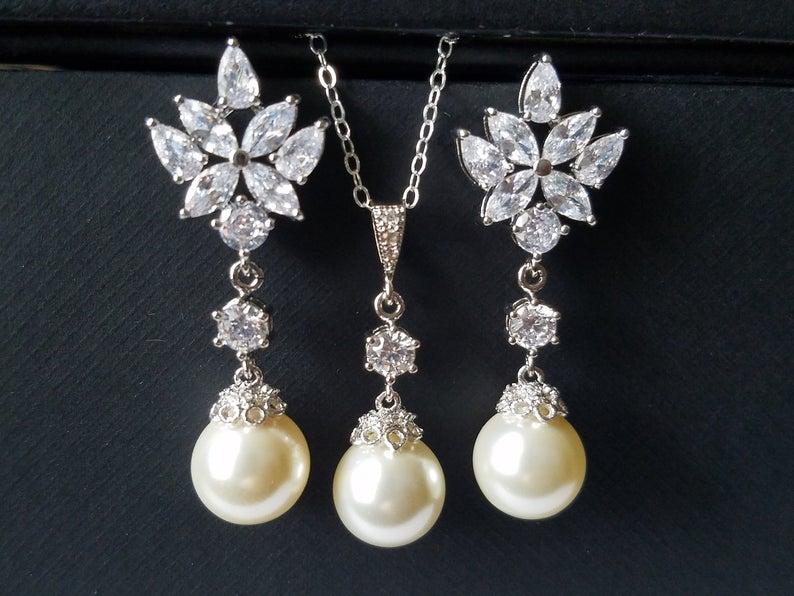 Wedding - Pearl Bridal Jewelry Set, Wedding Ivory Pearl Earrings&Necklace Set, Swarovski Pearl Silver Set, Bridal Pearl Jewelry, Wedding Pearl Jewelry