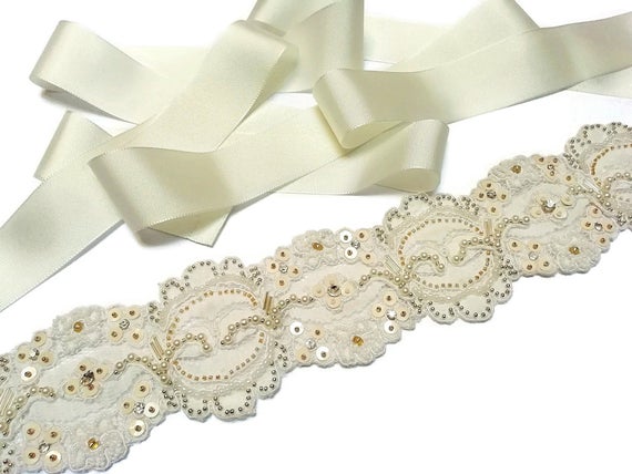 Hochzeit - Ivory beaded lace sash belt, Ivory wedding belt, Ivory lace sash, Flower bridal sash, Ivory wedding, FE-004