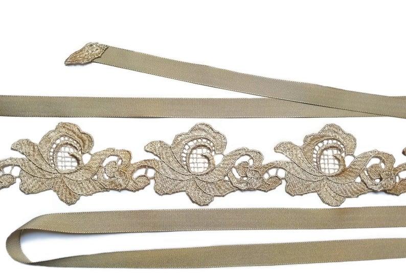 Wedding - Gold bridal sash, Wedding belt, Silver bridal sash, Lace wedding sash, Bridesmaid sash Gold or silver metallic lace, FE-005