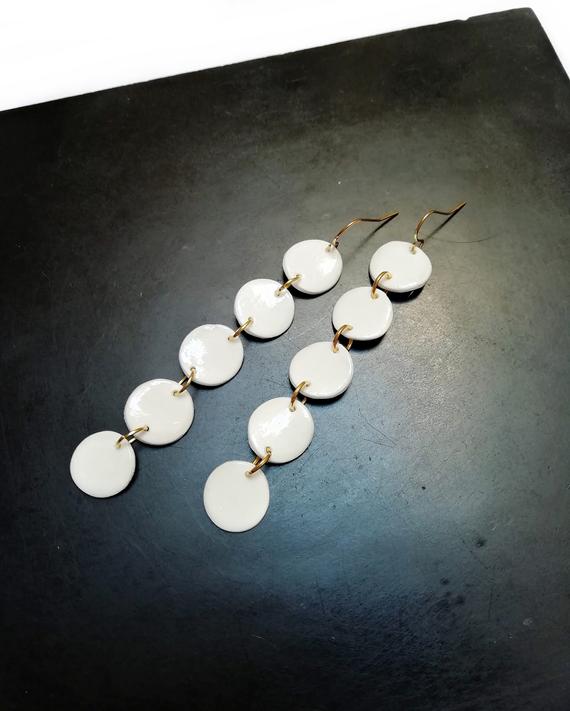 Mariage - Circle long earrings. Porcelain earrings. Wedding earrings.