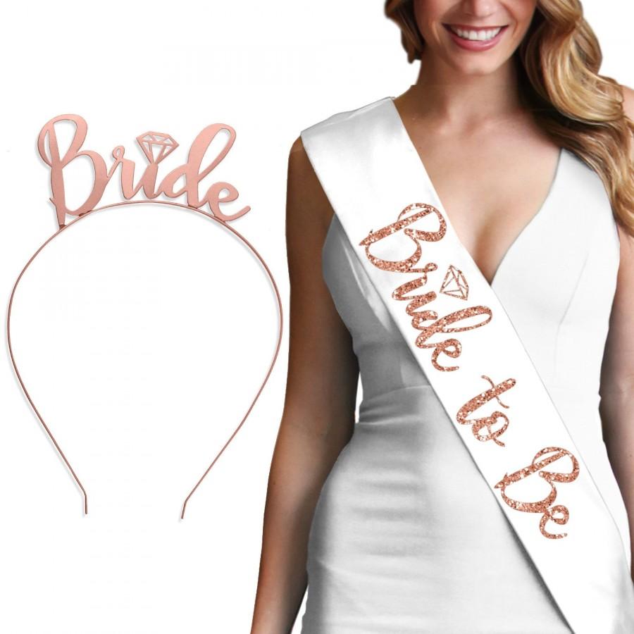 Hochzeit - Rose Gold Glitter Diamond Bride Set - Luxury Satin Sash & Rose Gold Bride Headband, Bridal Shower Gift, Bachelorette Party, Engagement