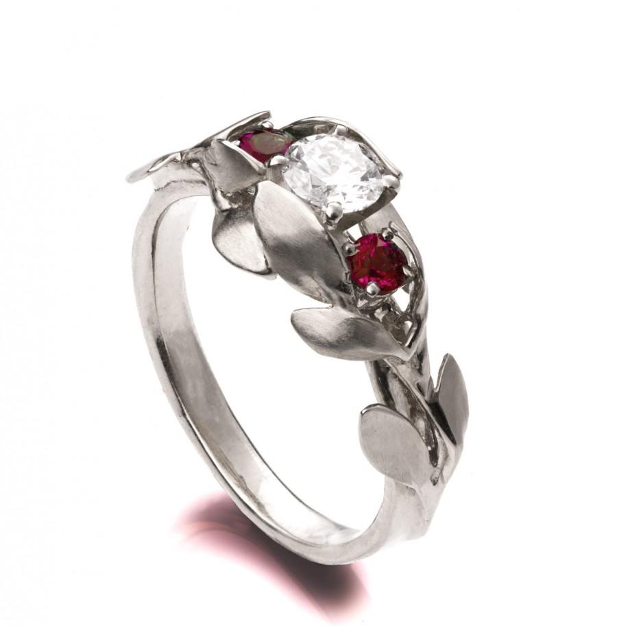 Wedding - Leaves Engagement Ring - 18K White Gold engagement ring,July Birthstone,Three stone ring, unique engagement ring, leaf ring, Conflict free,8