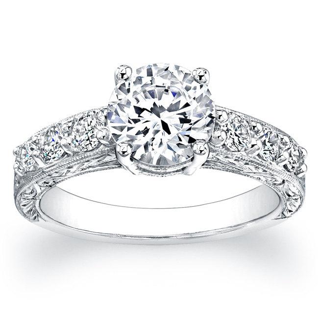 Hochzeit - Ladies Platinum antique engagement ring 0.50 ctw G-VS2 Round Pave-set diamonds with 1ct Round White Sapphire Ctr