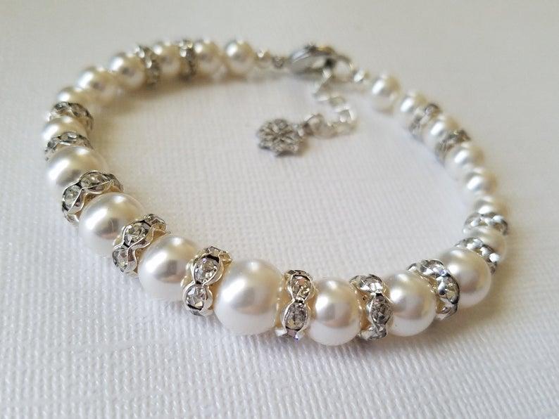 زفاف - White Pearl Bridal Bracelet, Swarovski Pearl Silver Bracelet, Wedding Pearl One Strand Bracelet, White Pearl Jewelry Bridal Classic Bracelet