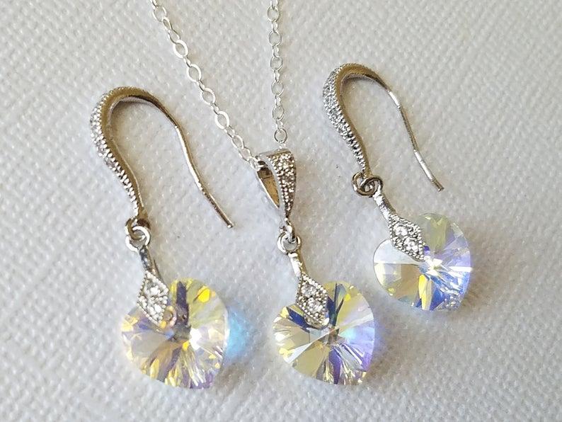 زفاف - Heart Crystal Jewelry Set, Swarovski Aurora Borealis Earrings&Necklace Set, Crystal Heart Wedding Jewelry, Bridal AB Heart Jewelry