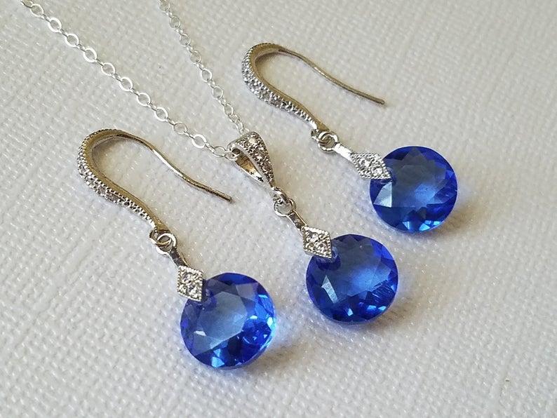 Wedding - Sapphire Crystal Jewelry Set, Swarovski Sapphire Earrings&Necklace Set, Wedding Sapphire Jewelry, Blue Crystal Jewelry, Bridal Party Gift
