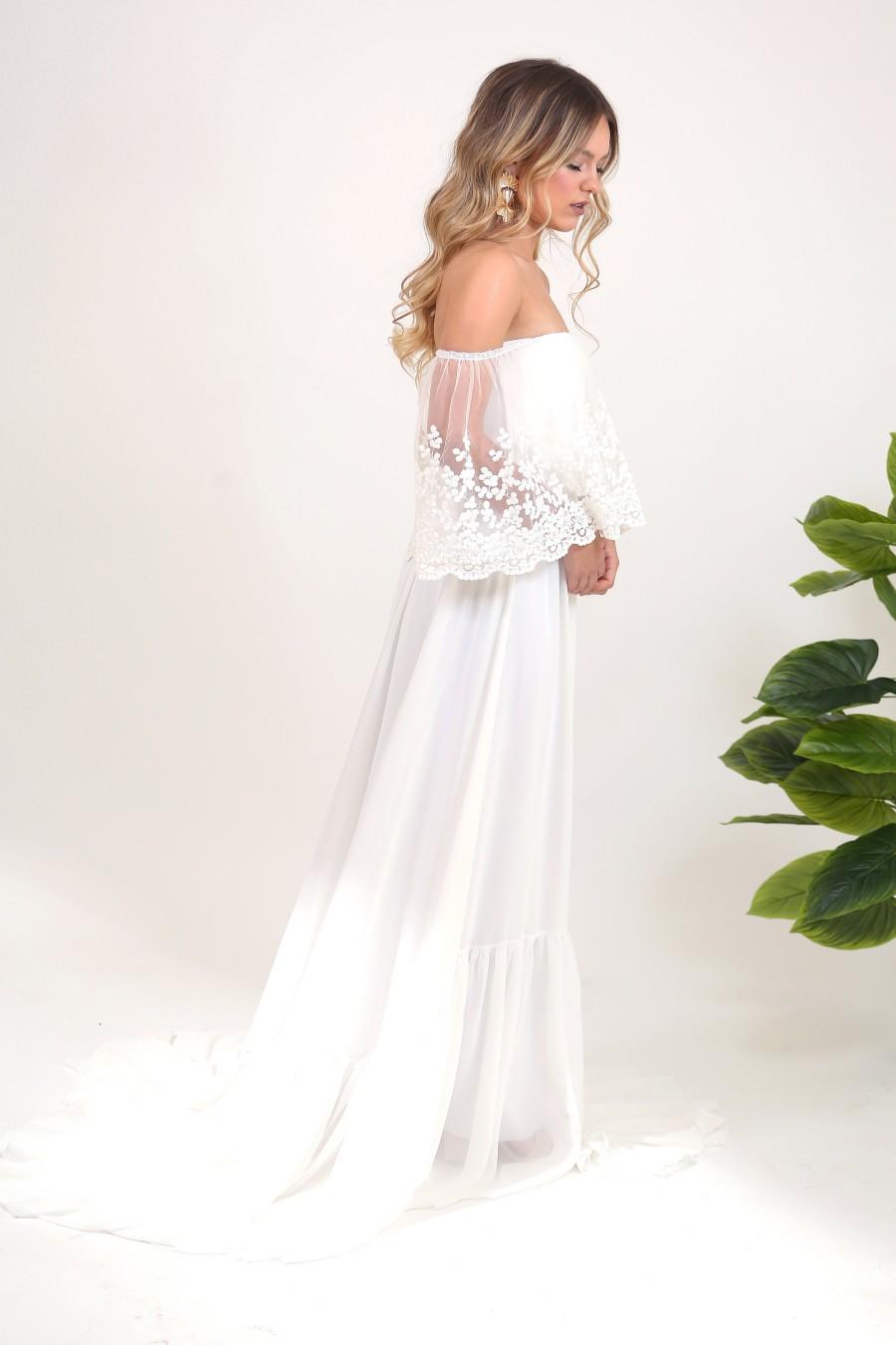 زفاف - wedding dress, stunning lace top and full circle skirt with train, off shoulder boho wedding dress, off shoulder floral lace wedding dress