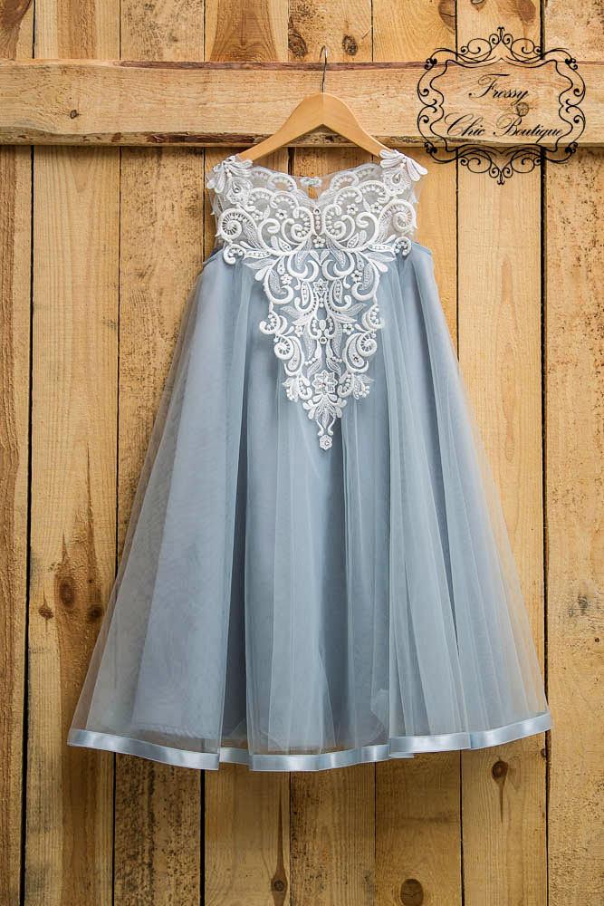 Свадьба - Dusty blue flower girl dress boho rustic flower girl first communion tulle lace dress toddler country girl baby dresses girl junior dress