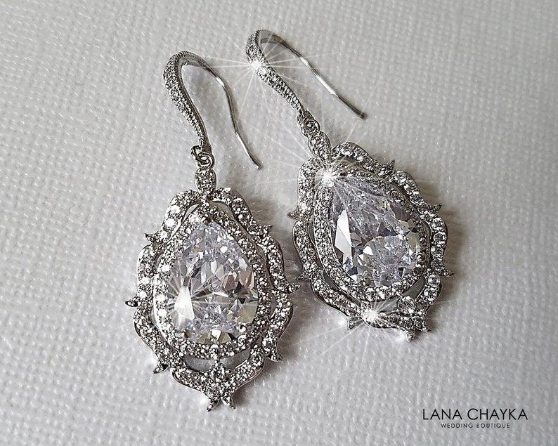 Hochzeit - Cubic Zirconia Bridal Earrings, Wedding Crystal Earrings, Bridal Jewelry, Crystal Teardrop Earrings, Statement Earrings, Wedding CZ Jewelry