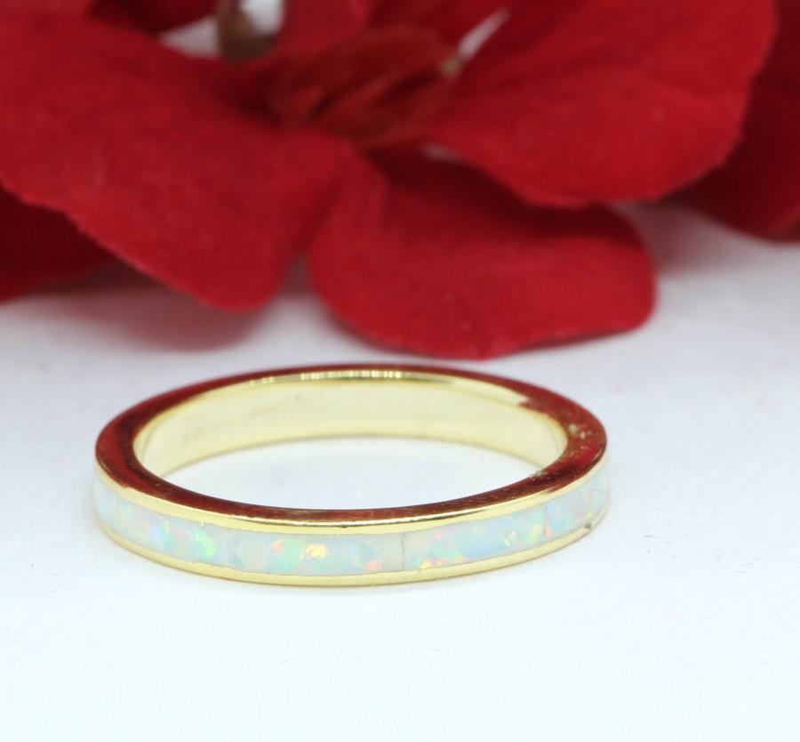 Свадьба - 3mm Band Full Eternity Ring Created White Opal Yellow Gold Solid 925 Sterling Silver Wedding Band, Opal Band