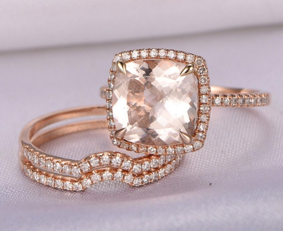 Свадьба - Morganite Wedding Ring Set 14k Rose gold morganite engagement ring 9x9mm Cushion Cut Pink Stone Curved Diamond Wedding Band Bridal Set