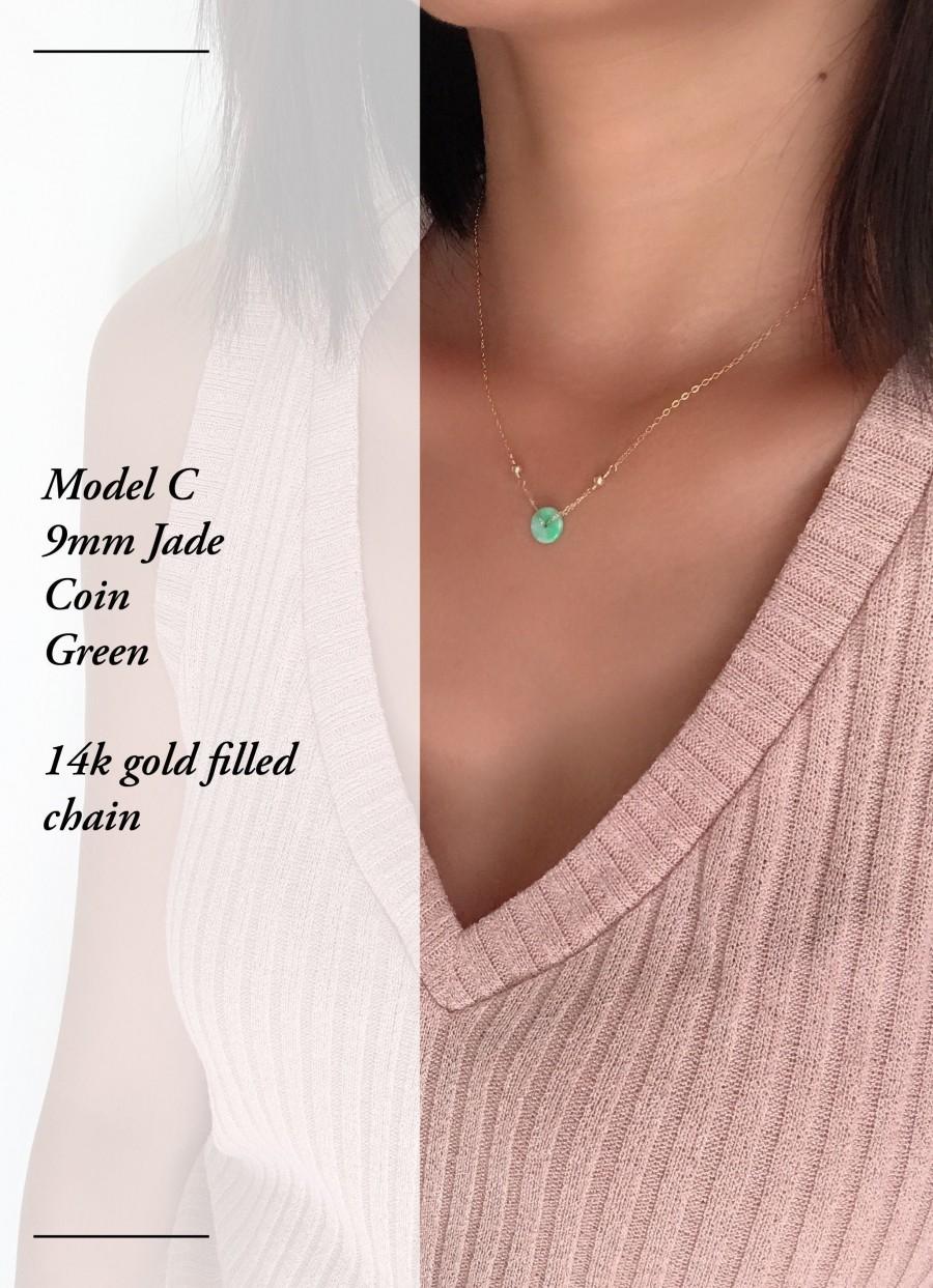 زفاف - Gold Jade Necklace, Chinese Jade Coin Ping An Kou NJ190401, 14K gold fill necklace, green white Jade, delicate choker, gift choice