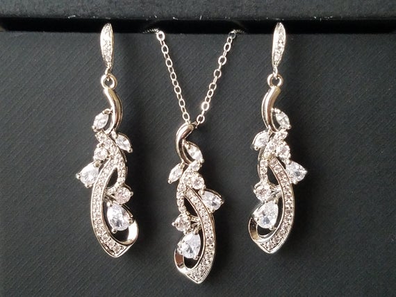 Wedding - Bridal Jewelry Set, Wedding Floral Earrings&Necklace Set, Chandelier Earrings Pendant Set, Bridal CZ Silver Jewelry, Bridal Party Gift