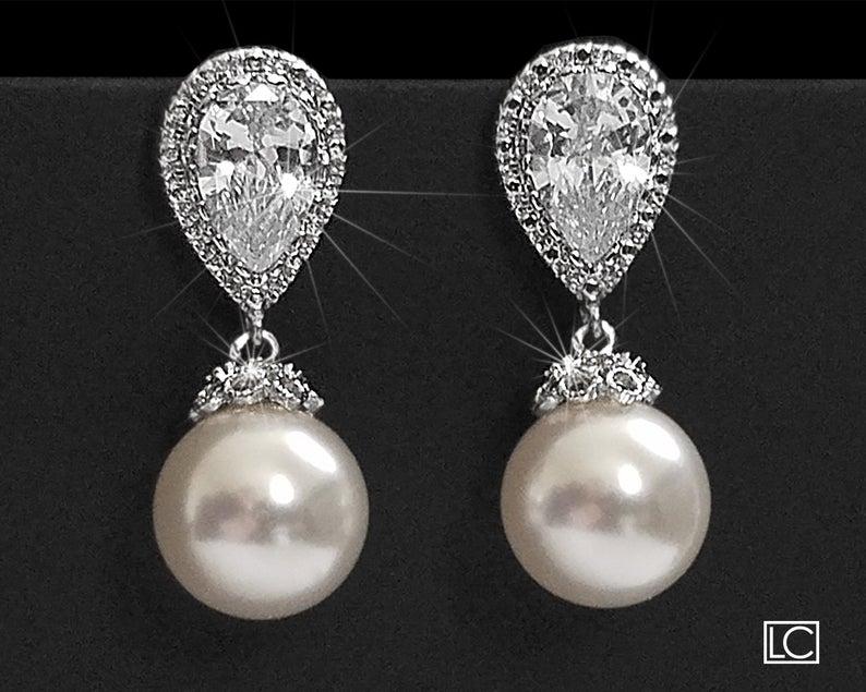 Свадьба - Bridal Pearl Earrings, Swarovski 10mm White Pearl Earrings, Pearl Silver Wedding Earrings, Bridal Jewelry, Bridesmaids Gift, Classic Earring