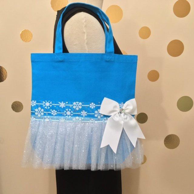 Mariage - Disney Frozen theme -  blue with sparkling snow flakes Fancy tutu tote bag - Transparent blue ribbon