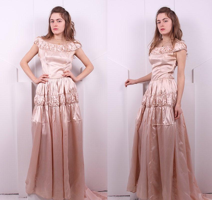 Wedding - Vintage 1930's Blush Pink Satin Wedding Gown • 30's Pink Wedding Dress • Size S