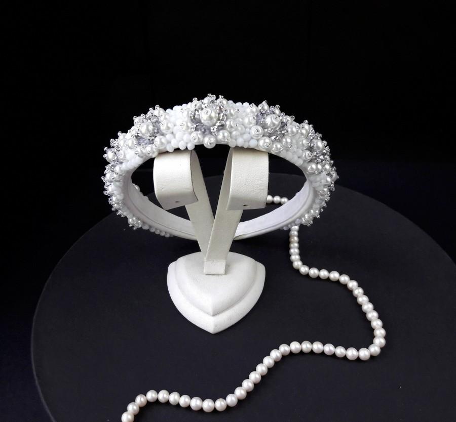 Wedding - White pearl flower headband for wedding Embellished floral head band women Jeweled bridal statement headpiece Silver rhinestone hairband