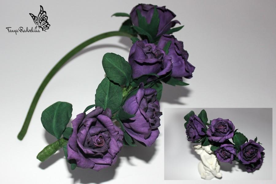 Mariage - Wedding Purple Roses Crown Extravagant Hair Accessories Country Wedding Romantic Hair Decor Beach Destination Wedding Dark Bridal Wreaths